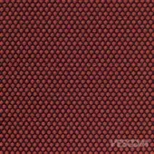 Geometric textile sample in muted red (“ciliegia cherry”) features circular perforations outlined in dark thread, woven grid texture.